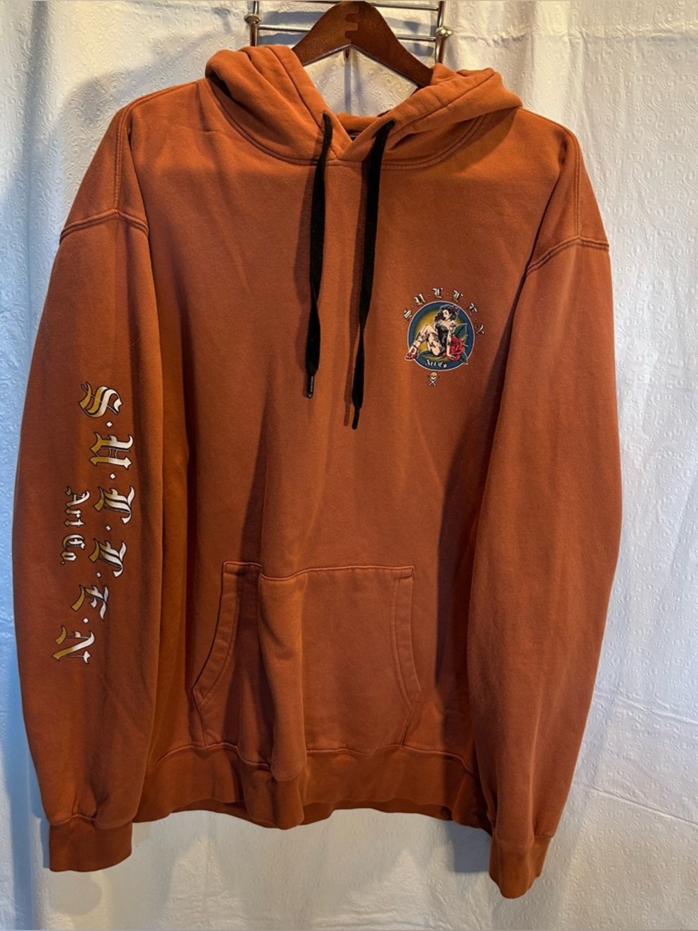 SULLEN ART COLLECTIVE Hooded Sweatshirt Burnt Orange/Rust Graphic Design Size XL
